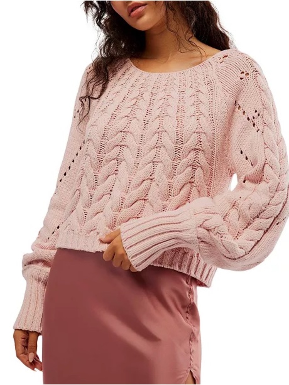 Free People Blush Pink Cable Knit Crewneck Sweater